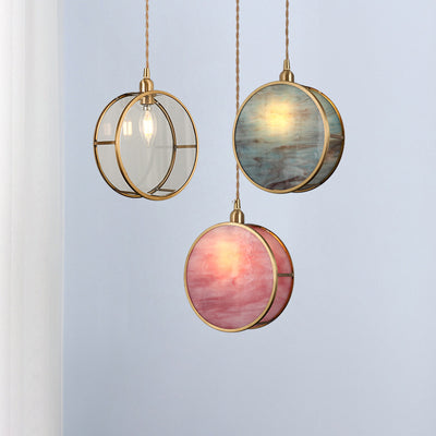 Japanese Vintage Round Drum Glass Brass 1-Light Pendant Light