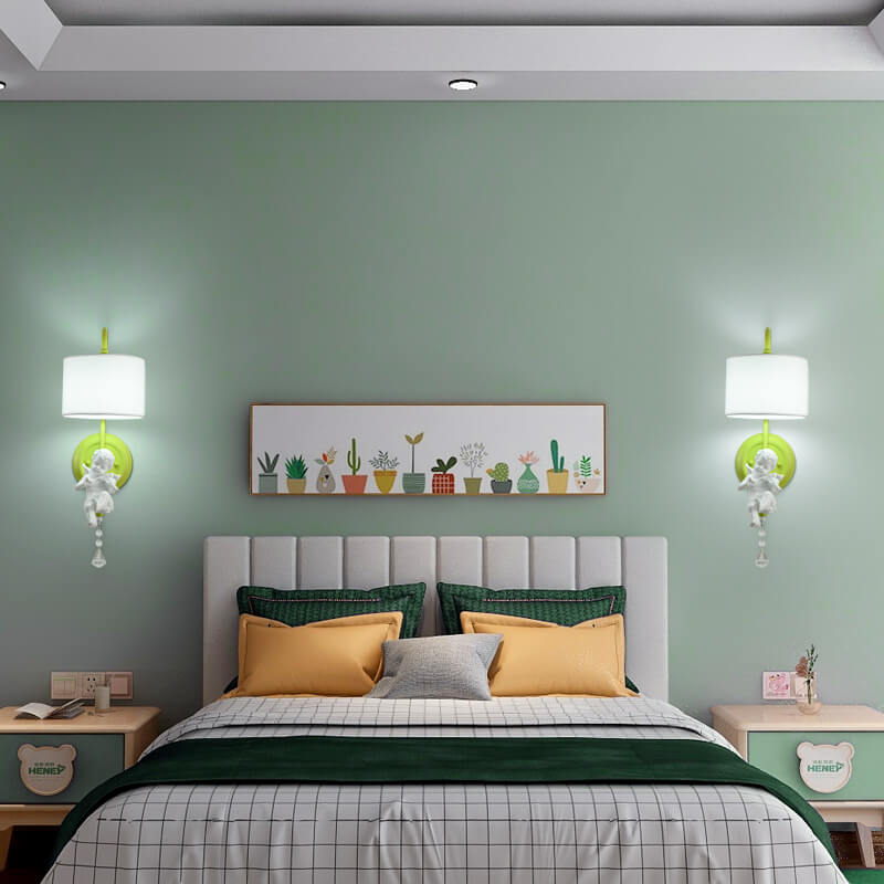 Modern Minimalist Angel Resin Round Fabric 1-Light Wall Sconce Lamp for Living Room