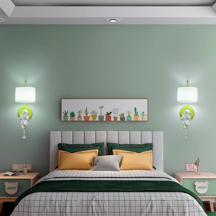 Modern Minimalist Angel Resin Round Fabric 1-Light Wall Sconce Lamp for Living Room