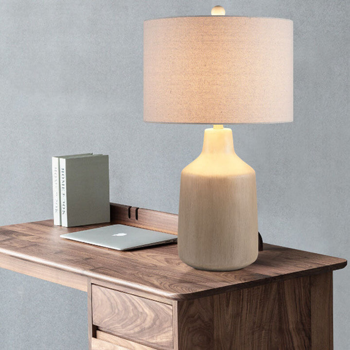 Modern Minimalist Fabric Cement Round 1-Light Table Lamp For Living Room &amp; Bedroom