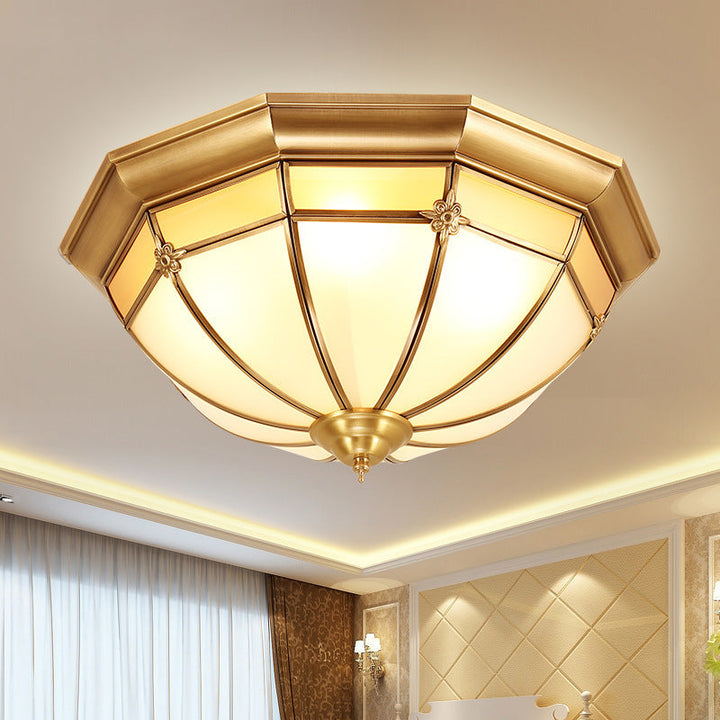 Traditional Chinese Copper Glass Round Flower Pattern 3/4/6 Light Flush Mount Ceiling Light for Living Room