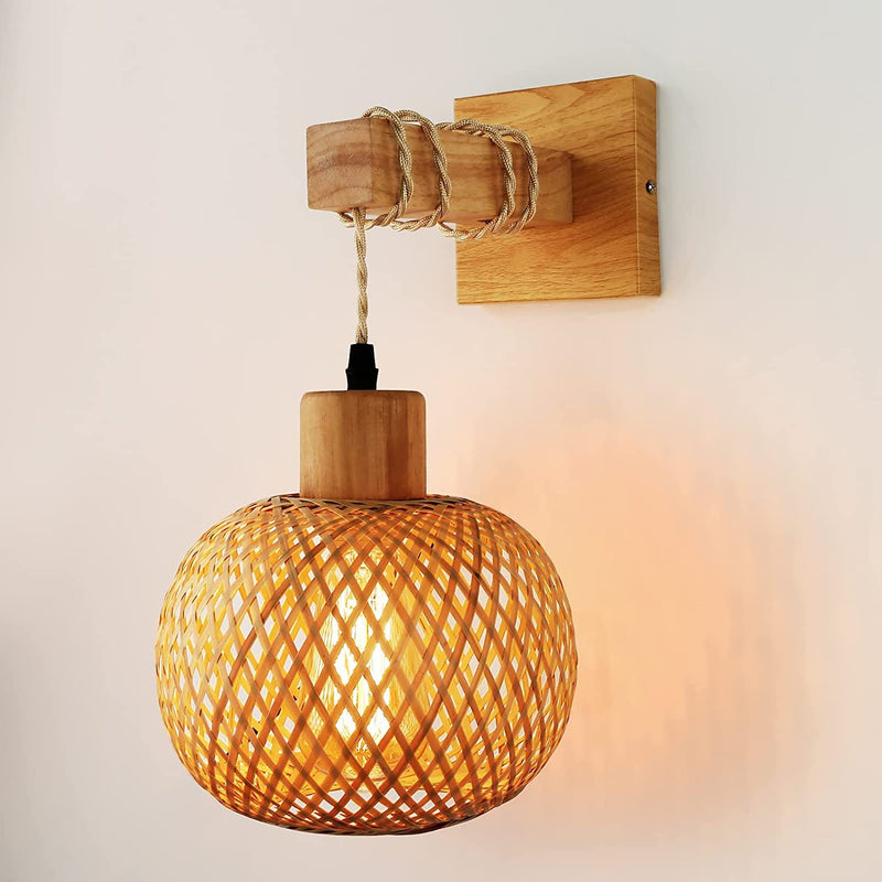 Japanese Vintage Round Head Rattan Weaving 1-Light Wall Sconce Lamp