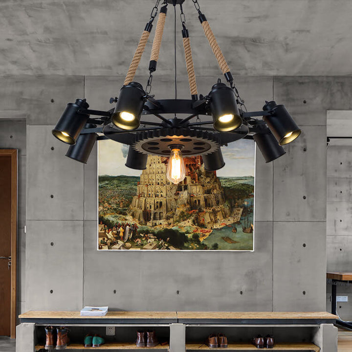 Zeitgenössischer industrieller Retro-Kronleuchter aus Schmiedeeisen und Hanfseil im Zahnrad-Design mit 7/9/11 Flammen für das Wohnzimmer 