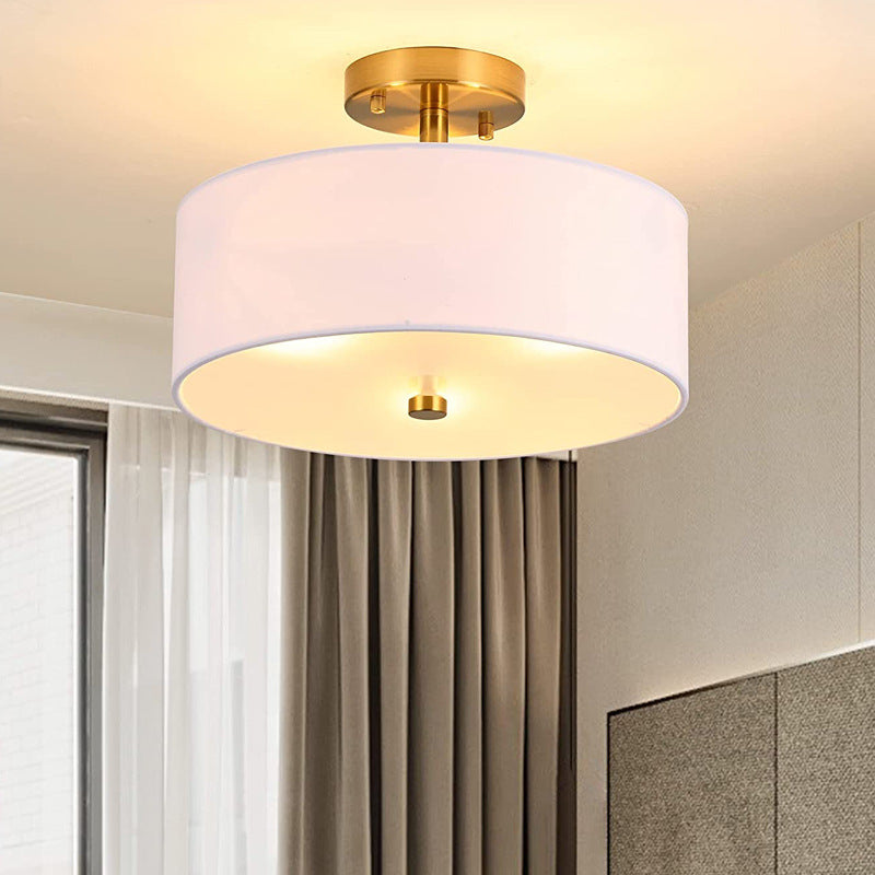 Modern Transitional Aged Brass Electroplated Base Fabric Cylinder Shade 3-Light Chandelier For Living Room