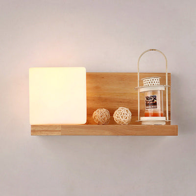 Japanese Minimalist Wood Square Glass 1-Light Wall Sconce Lamp