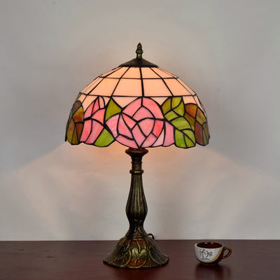 European Rose Tiffany Art Glass 1-Light Table Lamp