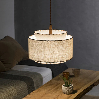 Contemporary Boho Double Cylinder Fabric Shade 1-Light Pendant Light For Living Room