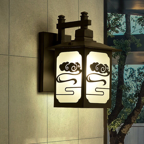 Applique murale traditionnelle chinoise rectangulaire en tôle galvanisée en alliage de zinc à 1 lumière pour patio extérieur 