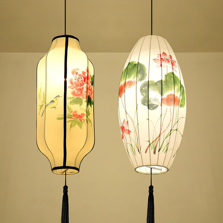 Lanterne ovale antique orientale faite à la main en tissu 1 lumière suspendue 