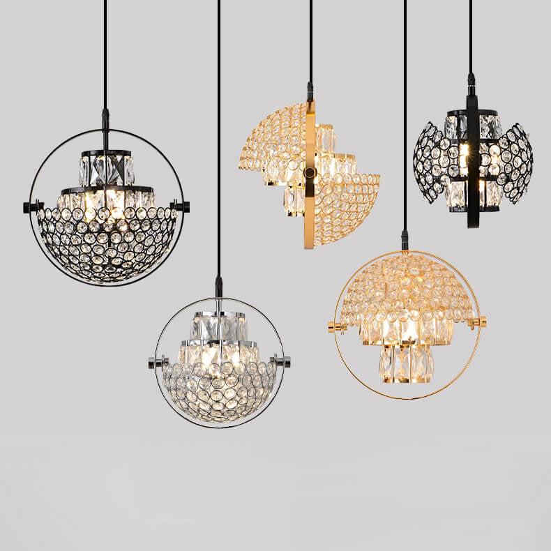 Nordic Luxury Brass Crystal Semi-Circular Rotating 1-Light Pendant Light