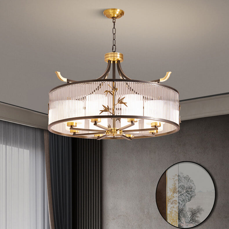 Chandelier traditionnel chinois à cadre en cuivre avec abat-jour en verre nervuré 4/6/8 lumières pour salon 