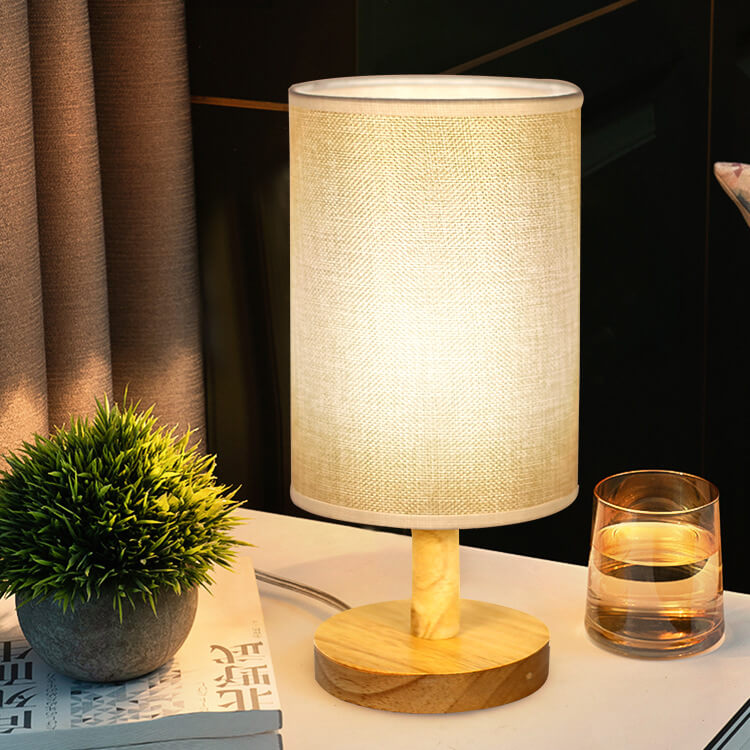 Minimalist Minimalist Fabric Cylinder Wood Hardware Base LED Table Lamp for Living Room
