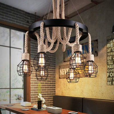 Industrial Vintage Twine Wrought Iron Lampshade 6-Light Chandelier