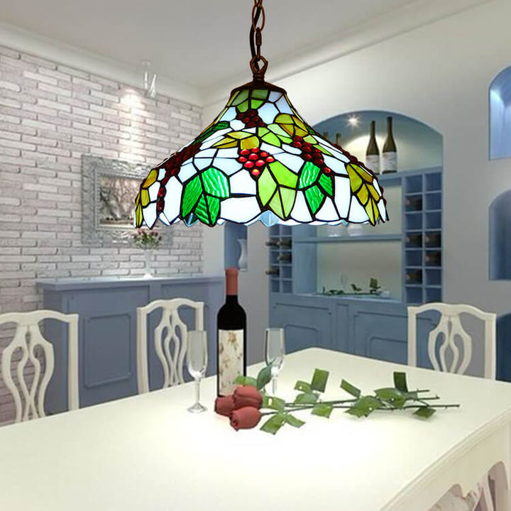 Traditional Tiffany Grape Fruit Stained Glass Iron 1-Light Pendant Light For Living Room