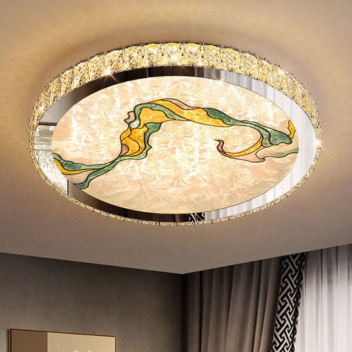 Modern Luxury Enamel Crystal Round LED Flush Mount Ceiling Light