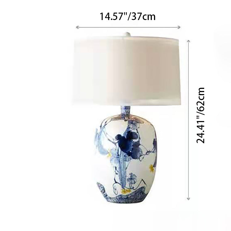 Traditional Chinese Fabric Round Shade Hand-painted Ceramic Vase Base 1-Light Table Lamp For Bedroom