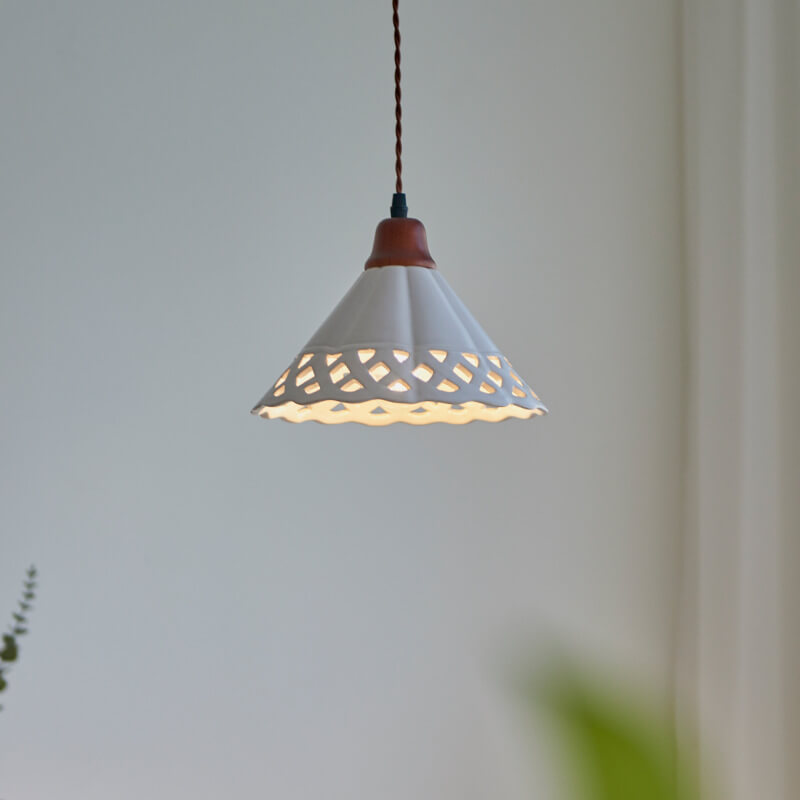 Japanese Minimalist Funnel-Shaped Hollow Ceramic 1-Light Pendant Light