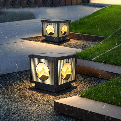 ضوء حديقة LED مقاوم للماء خارجي برأس مربع على شكل منظر طبيعي صيني شمسي 