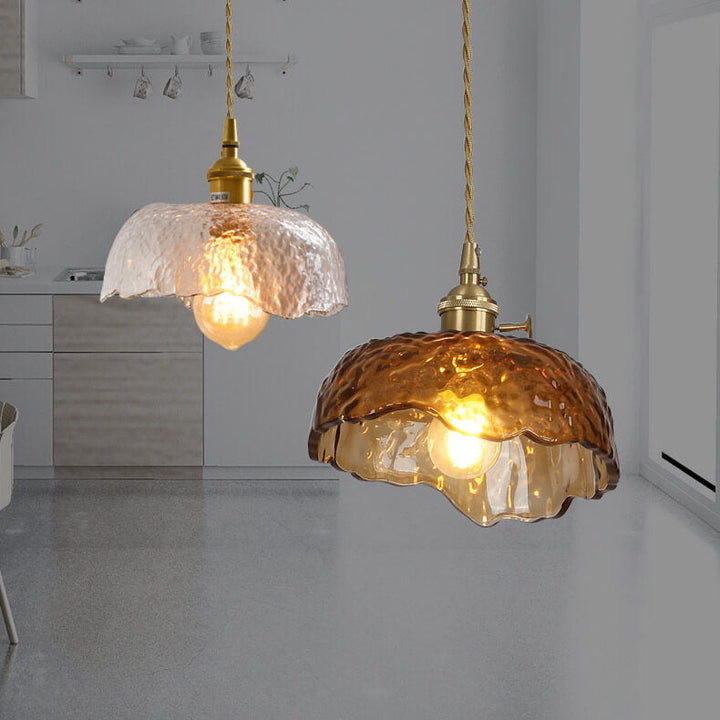 Suspension Luminaire à 1 Lumière en Laiton et Verre Texturé Vintage 