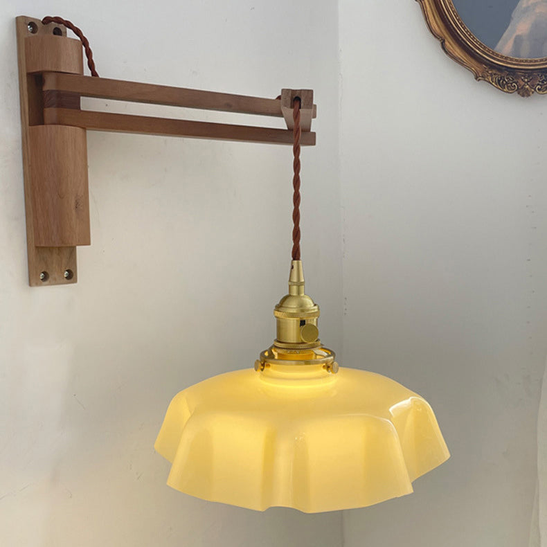 Modern Eclectic Rotatable Wooden Beam Pleated Glass Shade 1-Light Wall Sconce Lamp For Bedroom