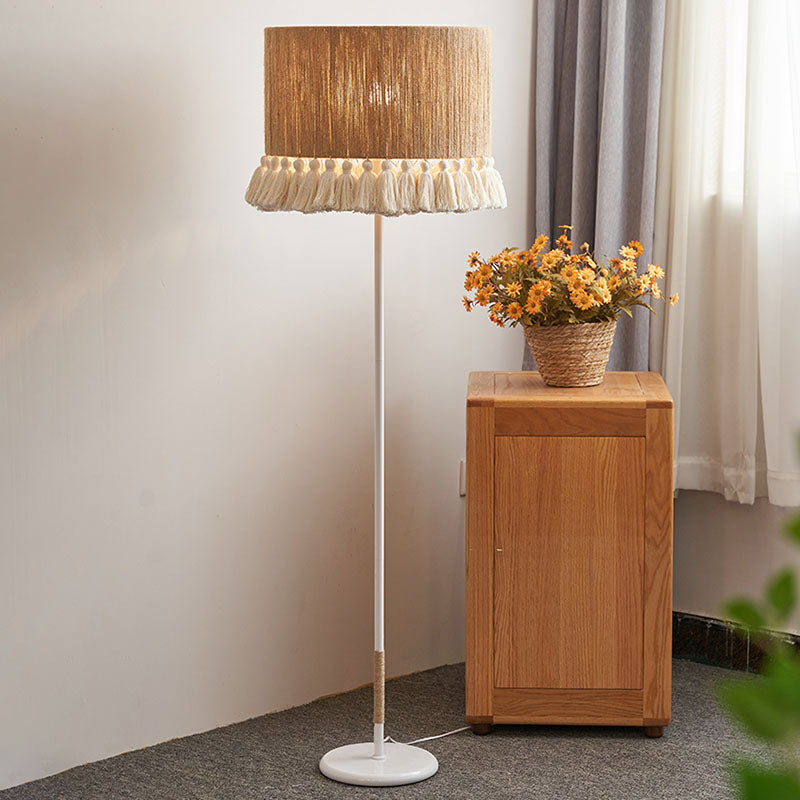 Contemporary Boho Hemp Rope Weaving Cylinder Cotton Tassel 1-Light Standing Floor Lamp For Home Office