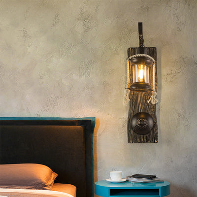 Retro Industrial Wood Iron 1-Light Wall Sconce Lamp