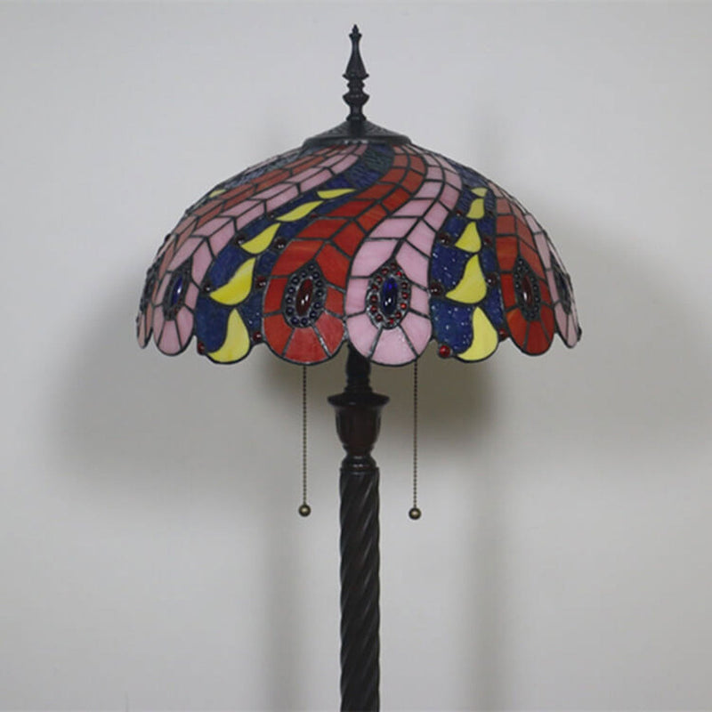 European Tiffany Peacock Tail Stained Glass 2-Light Standing Floor Lamp