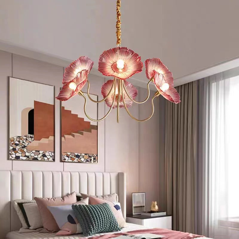 Cadre à Finition Dorée Art Déco Moderne avec Abat-jour en Verre Feuille de Lotus, Lustre 3/6 Lumières pour Salon 