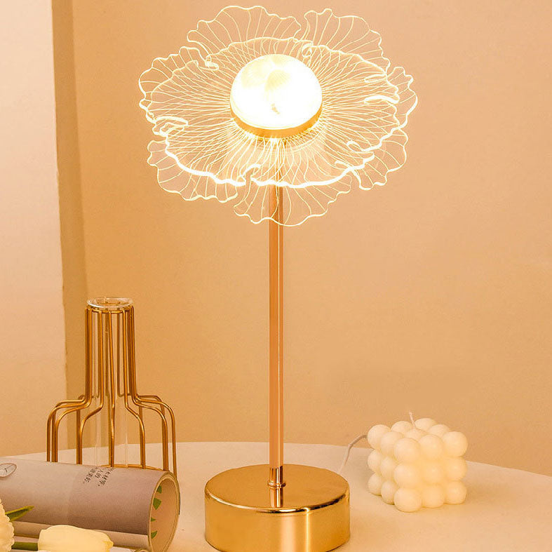 Moderne minimalistische LED-Tischlampe aus Acryl mit Blumen- und Schmetterlingsmotiv in Gold für das Schlafzimmer 