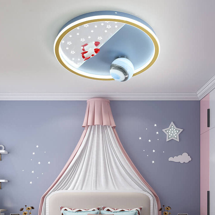 Creative Cartoon Rocket Planet Round Iron LED Kids Flush Mount Ceiling Light