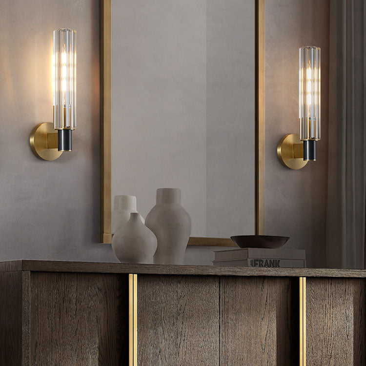 Moderne luxuriöse Zylinder-Wandleuchte aus Kupfer und Glas mit 1/2-flammigem Licht für das Schlafzimmer 