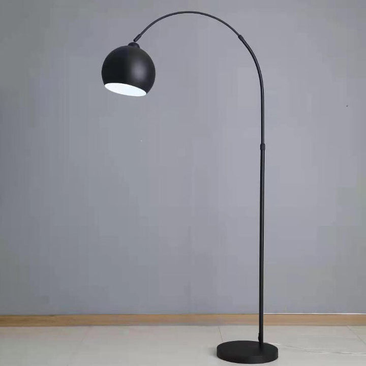 Moderne nordische Stehlampe aus Edelstahl und Eisen in Angelruten-Optik mit kuppelförmigem Rundschirm, 1-flammig, für das Schlafzimmer 