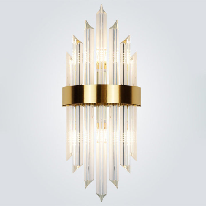 Moderne luxuriöse 2-flammige Wandleuchte aus Glas, Kristallstäben und Edelstahl 