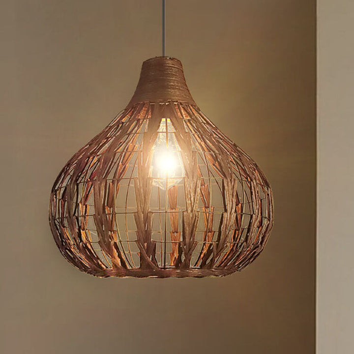 Suspension Luminaire Vintage Café Ovale en Rotin Tressé à 1 Lumière 