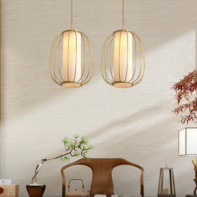 New Chinese Style Full Copper Lantern Design Fabric Lampshade 1-Light Pendant Light