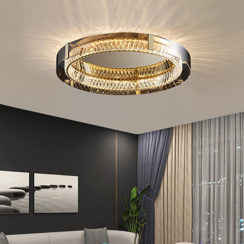 Modern Light Luxury Stainless Steel Plating Crystal Hardware Circle LED Flush Mount Ceiling Light for Living Room