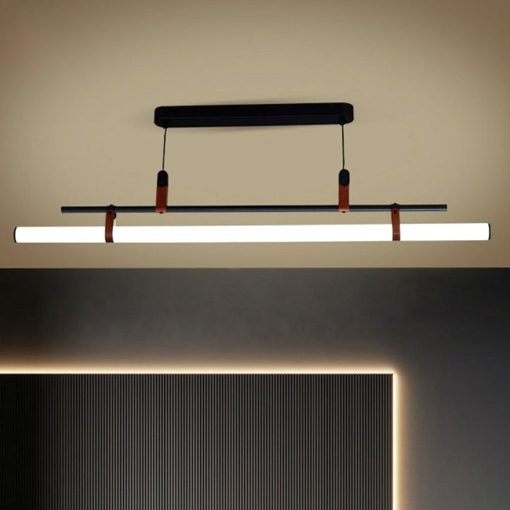 Moderner minimalistischer langer Streifen aus Eisen, Acryl und Kunstleder, LED-Insel-Leuchter für Wohnzimmer und Esszimmer 