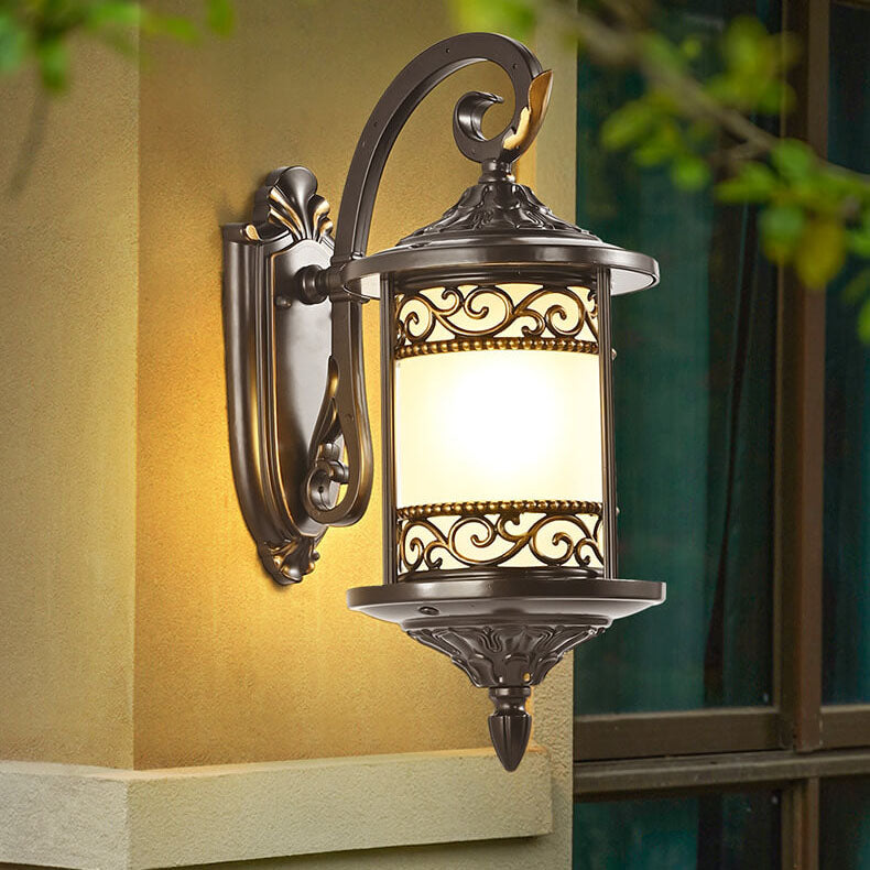 European Vintage Cylindrical Carved Outdoor Waterproof 1-Light Wall Sconce Lamp