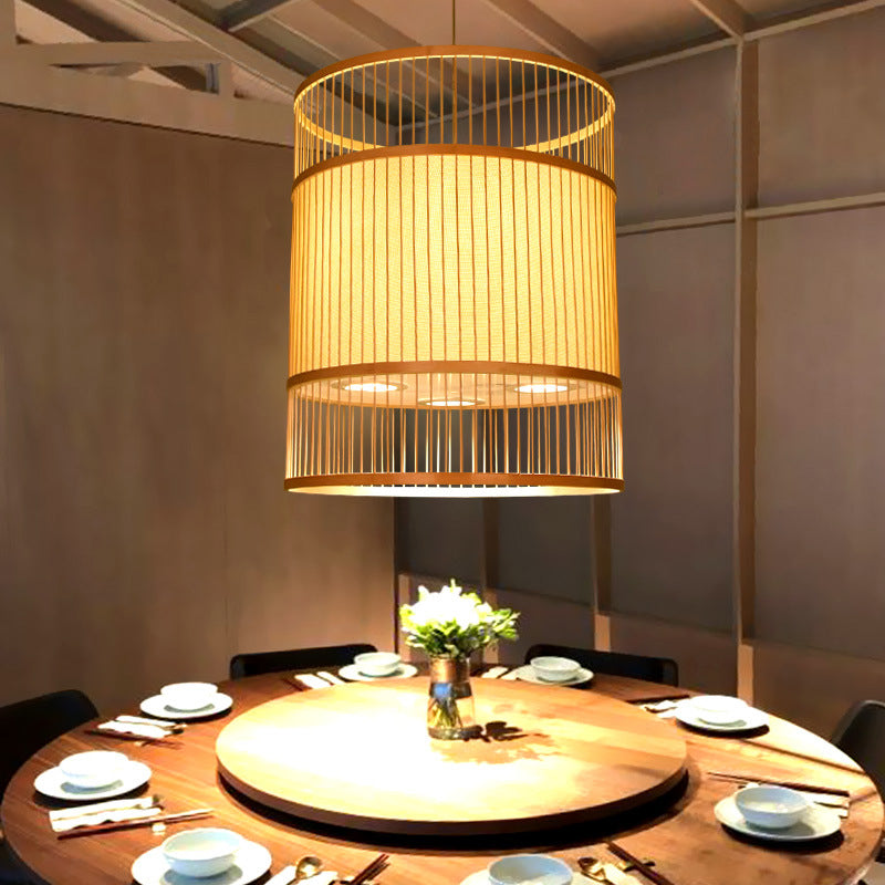 Modern Bamboo Weaving 3-Light Cylinder Chandelier