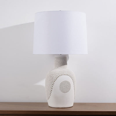 Lámpara de mesa de 1 luz con tambor de tela y jarra de cerámica en blanco y negro minimalista moderno 