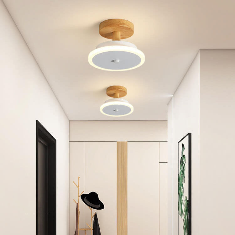 Nordic Flat Round Wood Base LED Semi-Flush Mount Ceiling Light