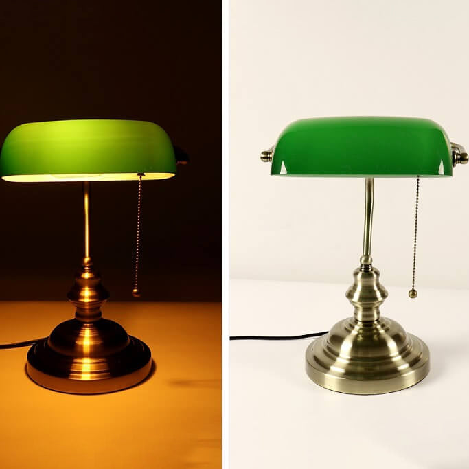 Retro-Tischlampe mit 1-Licht-Reißverschluss aus farbigem Glas mit Metallsockel 