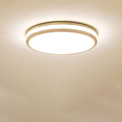 Japanese Simple Round Wooden Thin LED Flush Mount Ceiling Light