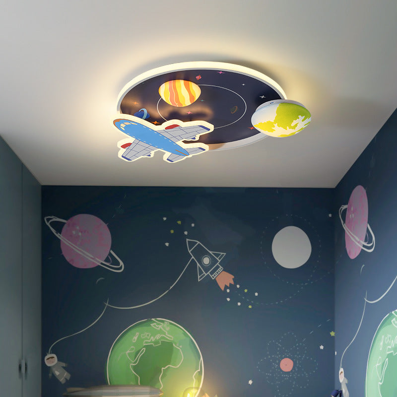 Contemporary Creative Round Acrylic Iron LED Aircraft Space Cartoon Kids Flush Mount Ceiling Light For Bedroom