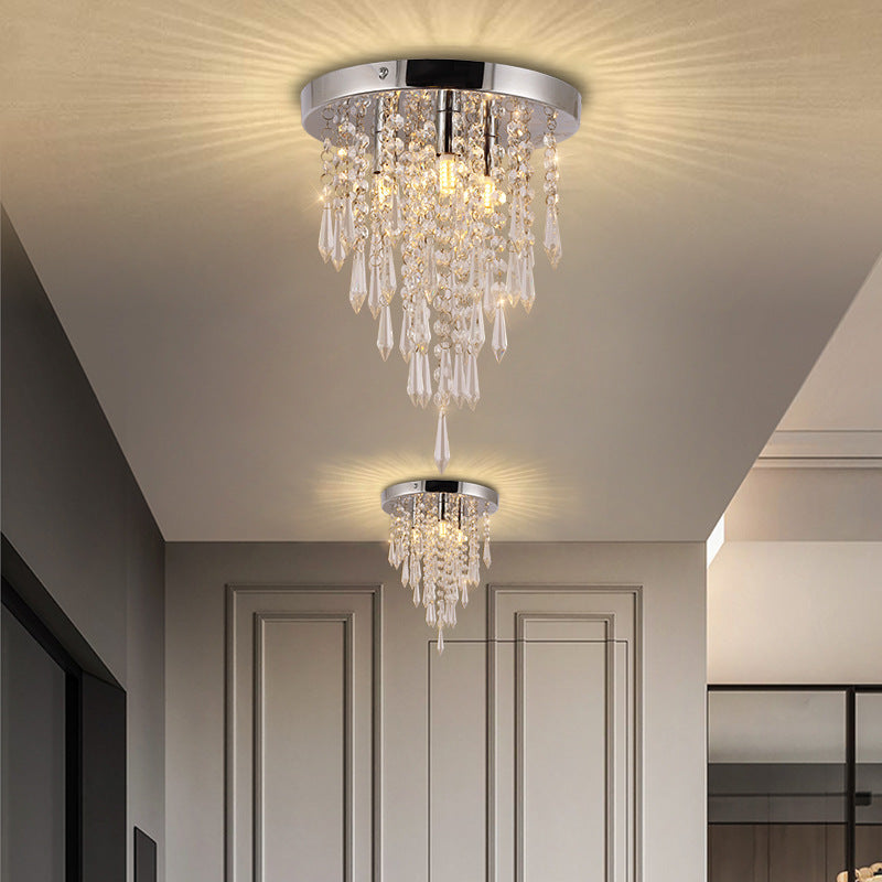 Modern Minimalist Crystal Bead Curtain Round 3-Light Flush Mount Ceiling Light