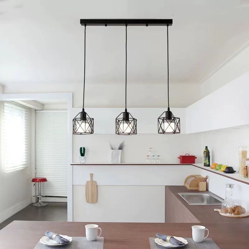 Industrielle einfache Geometrie Käfig Eisen 1/3 Licht Insel Licht Kronleuchter 