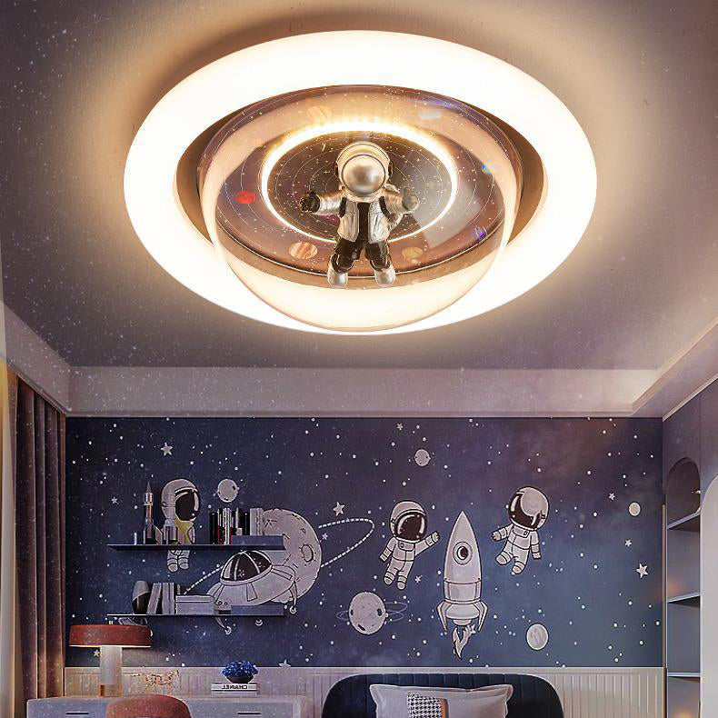 Contemporary Creative Cartoon Planet Resin Astronaut Acrylic Round Shade LED Kids Flush Mount Ceiling Light For Bedroom