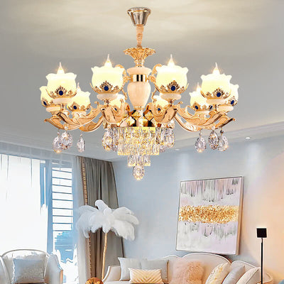 Modern Luxury Floral Candelabra Zinc Alloy Crystal Jade 6/8/10/15 Light Chandelier