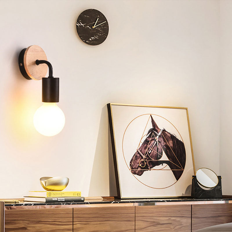 Lámpara Aplique de Pared de 1 Luz de Madera Curvada de Hierro de Simplicidad Moderna para Dormitorio 