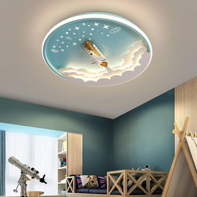 Contemporary Creative Cartoon Rocket Unicorn Acrylic Round Shade LED Kids Flush Mount Ceiling Light For Bedroom